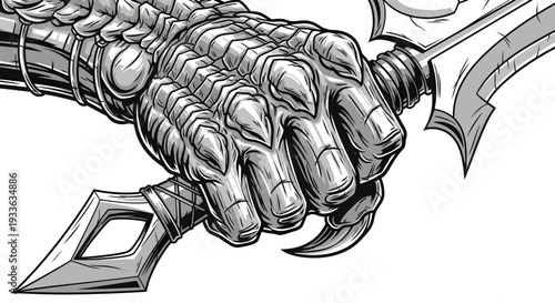 Illustration of a robotic hand grasping a sword.