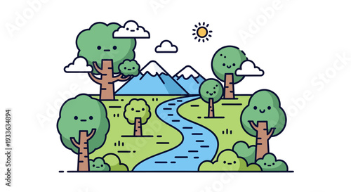 Serene Cartoon Landscape with River and Mountains.