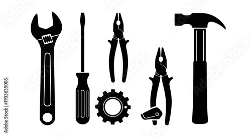 Essential Hand Tools Collection Silhouette for Repair and Construction.