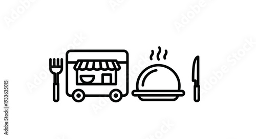 Food Truck and Dining Utensils Line Art Illustration.