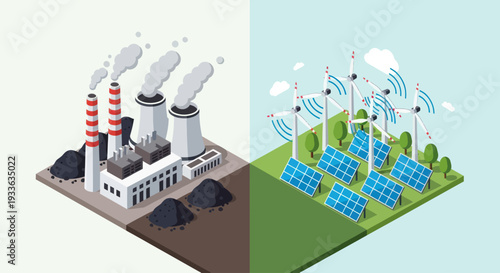 Fossil Fuel Power Plant Versus Renewable Energy Farm Comparison.