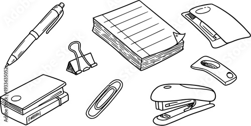 Hand-drawn outline illustration set of essential office and school supplies: pen, notepad, stapler, clips, staple remover, and staples. Black and white doodle artwork.
