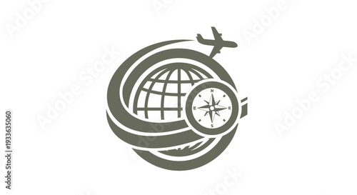 Global Travel and Exploration Emblem with Airplane and Compass.