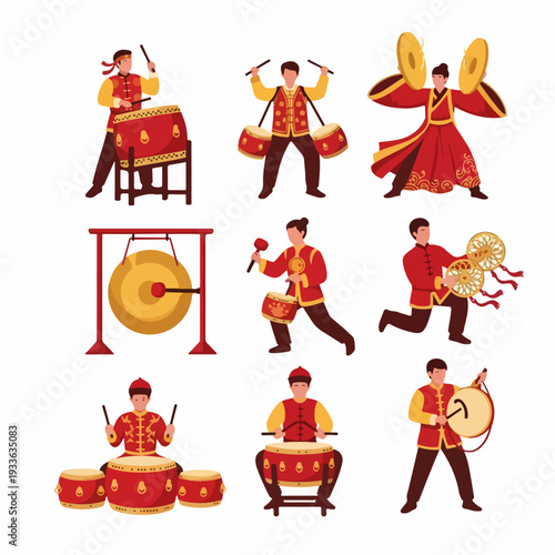 Traditional Chinese Musicians Playing Drums, Gongs, and Cymbals in Festive Attire for Cultural Celebrations, Isolated Vector Set.
