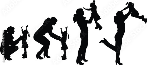 PrintSilhouette woman playing with child, lifting, tossing, bonding, joyful family relationship, nurturing care, mother daughter love illustration