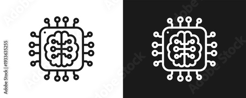 Neural Processor Icon Set Outline In White And Black Background