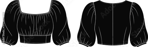 PrintWomen’s blouse fashion illustration, square neckline, puff sleeves, fitted waistband, garment construction design, front and back technical view