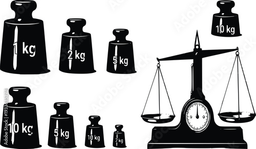 Libra and Kilogram Weights Educational Vector Set with Balance Scale