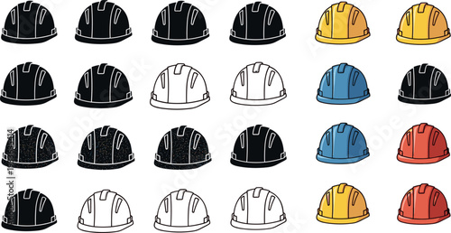 Construction Safety Helmet Icon Set with Hard Hat in Black, White, Yellow, Blue, and Red for Industrial Work Design