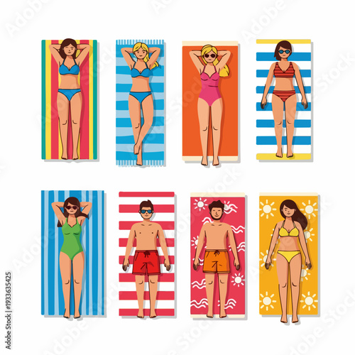 Diverse cartoon people relaxing on beach towels, enjoying summer sunbathing and vacation leisure in vibrant swimwear, flat vector illustration.