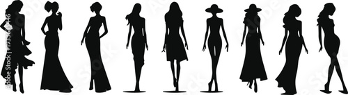 PrintBlack Silhouettes of Fashionable Women in Diverse Poses Wearing Elegant Dresses and Stylish Hats for High Fashion Concepts,