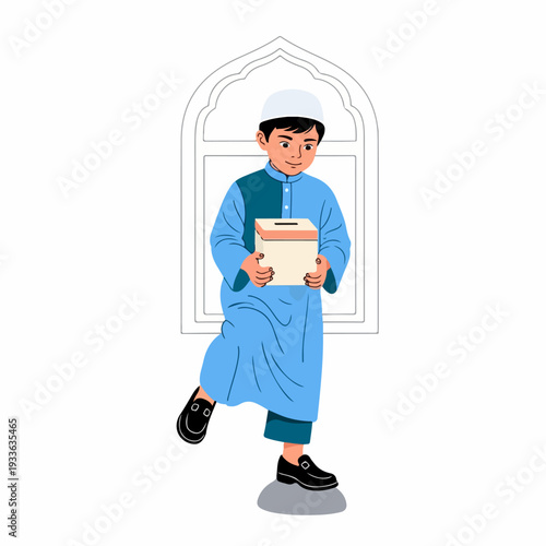 Smiling Muslim boy in traditional blue thobe and kufi, holding a charity donation box, representing zakat or sadaqa.