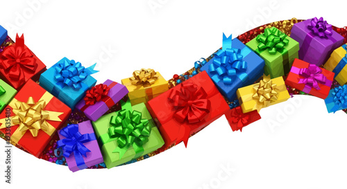 A vibrant array of colorfully wrapped gifts adorned with bows arranged in a curved festive display.