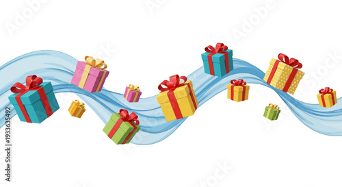 Colorful gift boxes floating on blue wavy stream with ribbon, celebration scene, festive atmosphere, gift giving, joyful occasion
