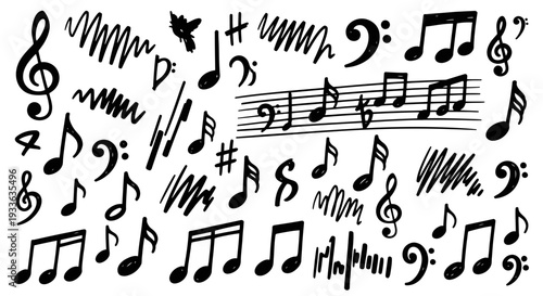 Hand drawn musical notes and symbols doodle set.