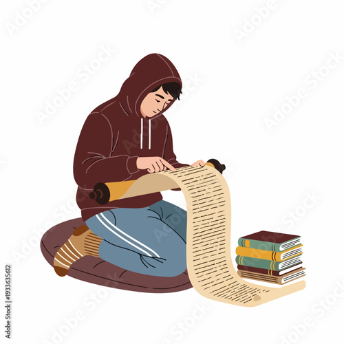 Young person in a hoodie intently reading a long ancient scroll, with a stack of books nearby, symbolizing deep learning and historical research.