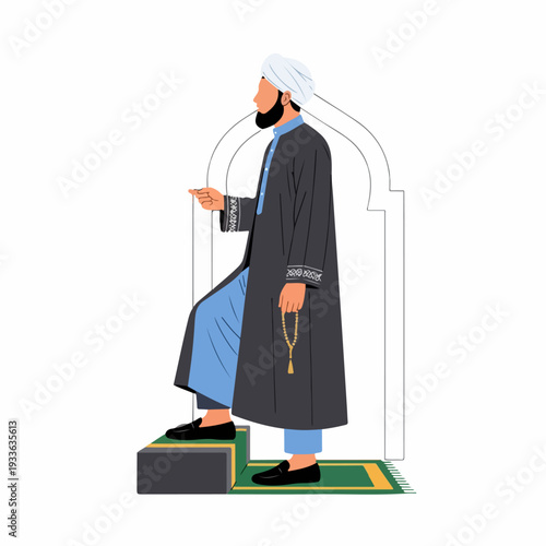 Muslim Man in Traditional Attire, wearing a turban and holding prayer beads, stands on a prayer mat near a minbar, symbolizing Islamic worship and spiritual leadership.