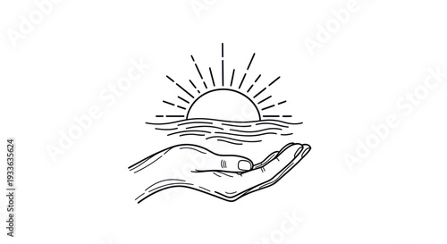 Hand holding a rising sun over calm water line art drawing.