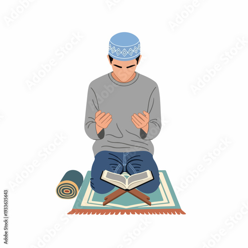 Muslim man praying with hands raised, sitting on a prayer mat with the Quran on a rehal, symbolizing devotion and Islamic tradition.