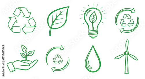 Hand-drawn green eco-friendly symbols for environmental protection and sustainability.