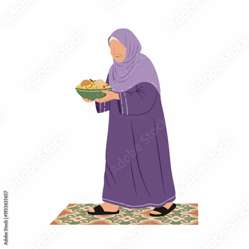 An older Muslim woman in a purple hijab and abaya holding a bowl of traditional food, standing on a patterned rug, symbolizing hospitality and celebration.