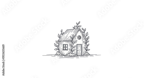 Hand-drawn sketch of a charming small house surrounded by lush foliage.