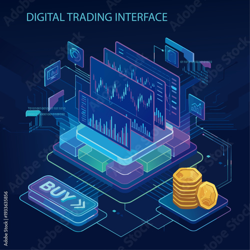 An isometric vector illustration of a futuristic digital trading interface. A central floating platform displays multiple glowing blue and purple candlestick charts and bar graphs on translucent