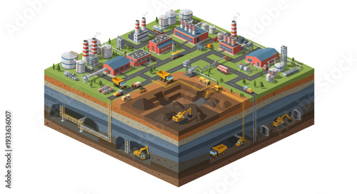 Industrial mining complex with underground extraction and surface processing facilities.