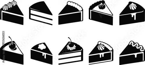 Black Cake Slice Silhouette Collection Featuring Various Dessert Shapes with Cherry Toppings and Cream Frosting Isolated on White Background for Bakery Menu and Sweet Shop Design