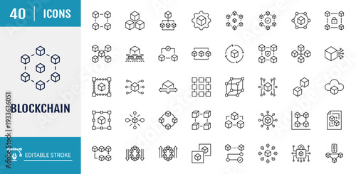 Blockchain icon set. Cryptocurrency element. Includes blockchain, node, decentralized finance, encryption, tokens, and more. Outline Icon Set. Vector Illustration with Editable Strokes