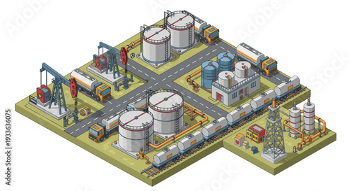 Industrial oil and gas extraction and processing facility with transportation infrastructure.