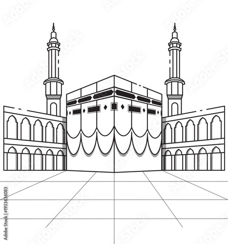 Flat background islamic hajj pilgrimage outline illustration