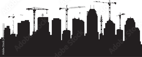 Black city skyline with construction cranes buildings