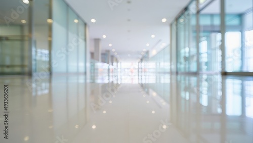 Blurred image of a long empty office hallway with glass walls and shiny floor