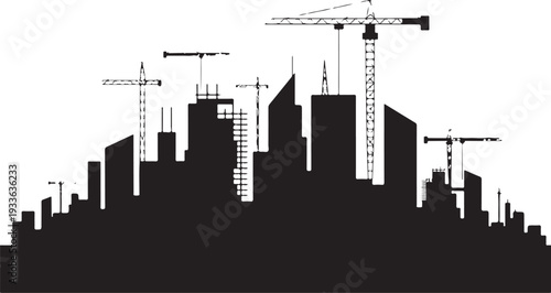 Black cityscape with construction cranes and buildings