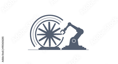 Industrial robot arm assembling a wheel in a factory setting.