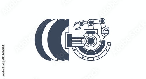 Industrial robot arm assembling complex machinery part.