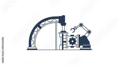 Industrial robot arm assembling complex machinery with gears.