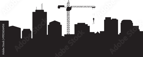 Black silhouette city skyline with construction crane 
