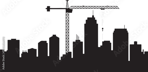 Black silhouette city skyline with construction crane