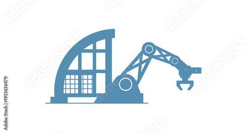 Industrial robot arm attached to a modern factory building structure.
