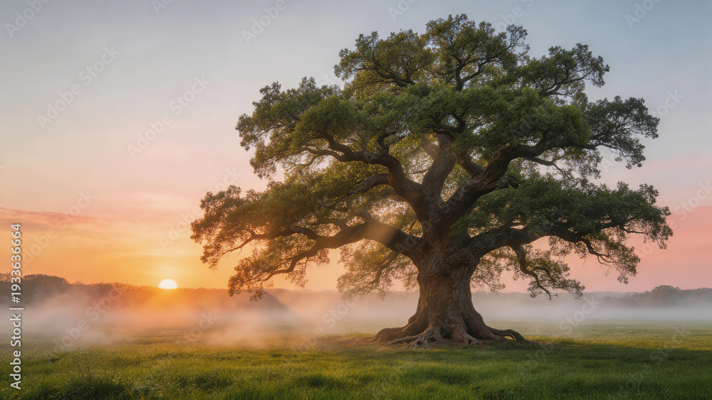 Fototapeta premium Majestic ancient oak tree standing alone in a misty field at sunrise, dramatic atmospheric landscape