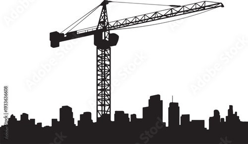 Black silhouette city skyline with construction crane