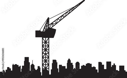 Black silhouette city skyline with construction crane
