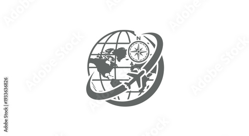 Global Travel and Exploration Icon with Airplane and Compass.