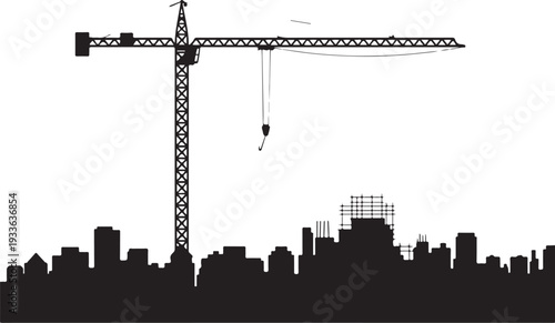 Black silhouette city skyline with construction crane