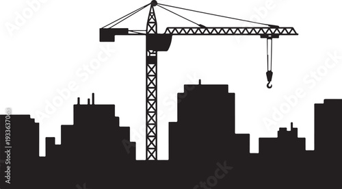 Black silhouette city skyline with construction crane