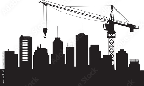 Black silhouette city skyline with construction crane