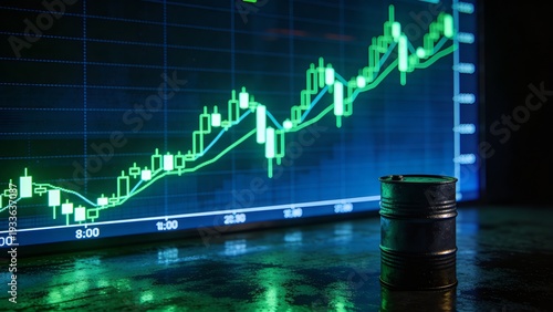 Oil barrel in front of financial graph showing upward trend on screen
