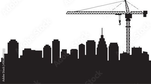 Black silhouette city skyline with construction crane